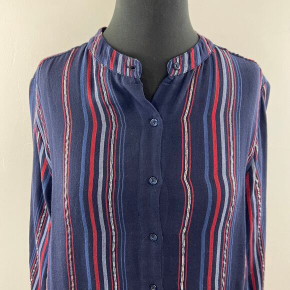 SUNDRY Multi Blouse Striped Print Cotton Blend Collarless Button Front Size 1 S - Picture 4 of 9